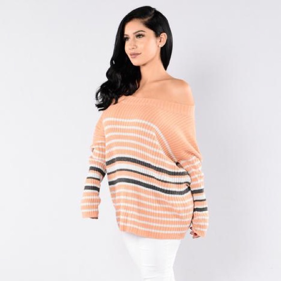 Strips Sweater Off the Shoulder 🧡 Peach-Multi/L - Picture 5 of 5